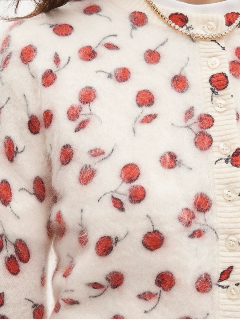 J. Crew Brushed Cashmere Cardigan Cherry Print Fuzzy - Picture 14 of 15